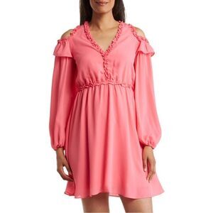 Nicole Miller Ruffle Cold Shoulder Long Sleeve Dress Coral Camellia Rose 12 NWT